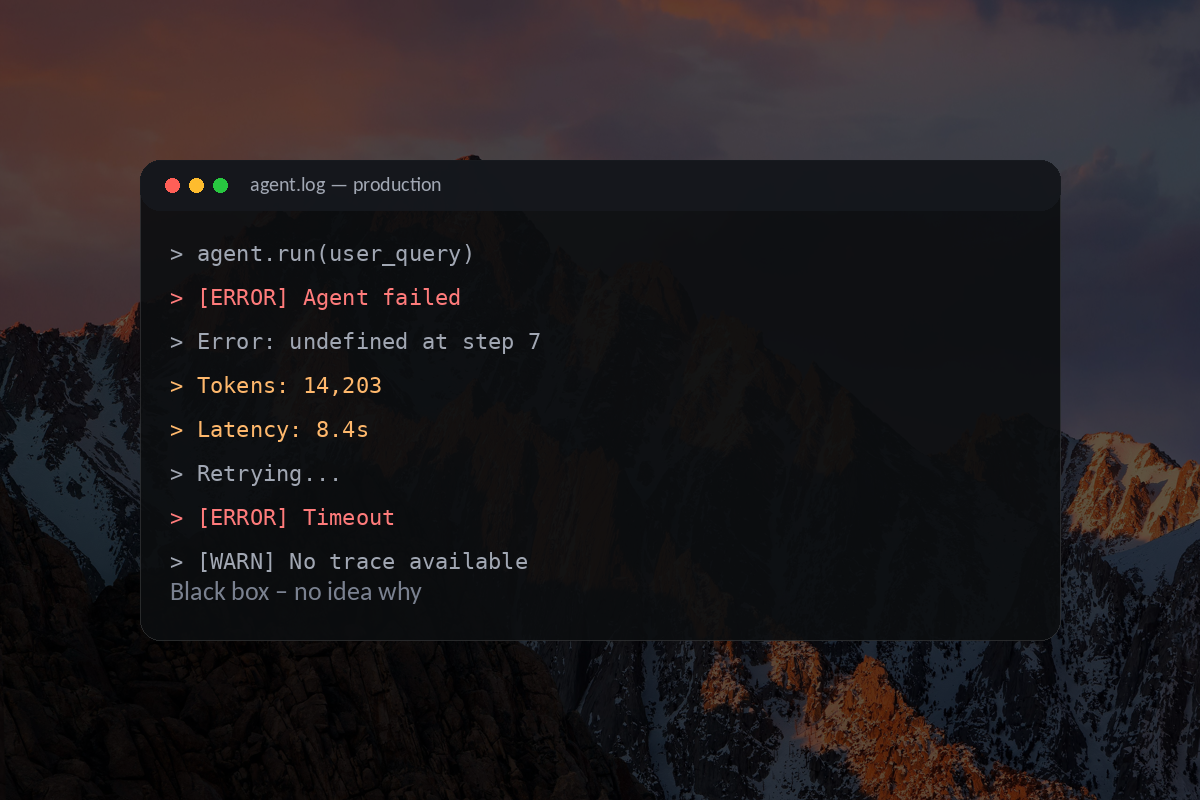 Black box — raw agent.log output showing an undefined error at step 7 with no trace context